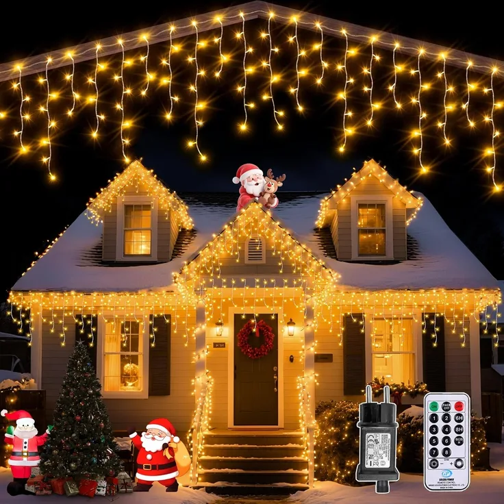 Auriostar Eisregen Lichterkette Außen 12.5M, 486 LED Weihnachtsbeleuchtung Außen mit Timer 8 Modi, IP44 Wasserdicht Eiszapfen Lichterkette Außen Strom für Balkon Fenster Haus Weihnachtsdeko Aussen
