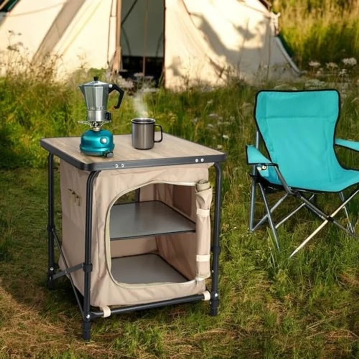 Spetebo Campingtisch 2-in-1 Stoff Campingschrank beige - 53 x 48 cm (Artikel, 1-St, inkl. Tragetasche), faltbar mit Tischplatte in Holz Optik – Bild 2