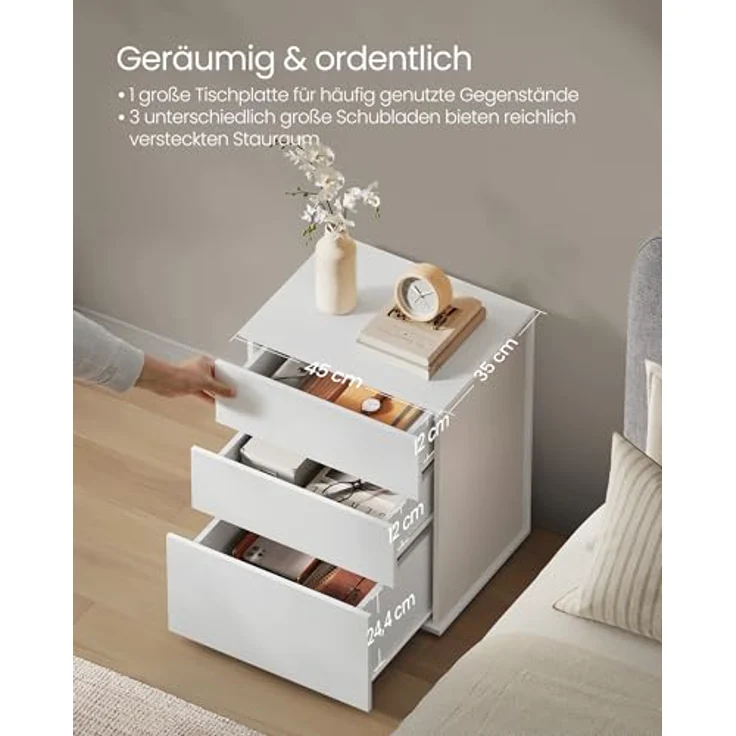 VASAGLE Nachttisch, 2er Set, Beistelltisch 3 Schubladen, Superschnelle werkzeuglose Montage, Nachtschrank, Schlafzimmer, Wohnzimmer, Toolless-Technologie, mattweiß-cappuccinobeige LET779W01 – Bild 7