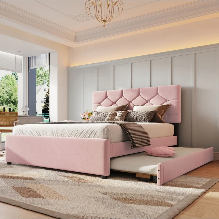 Polsterbett 140×200 cm aus Samt-Stoff mit Rollbett und Lattenrost, rosa – Bild 3