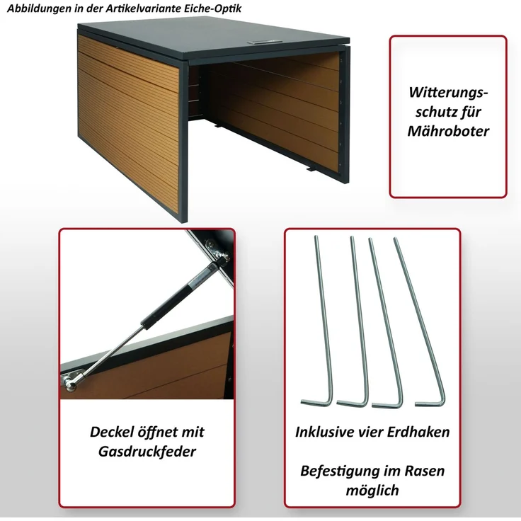 XL Mähroboter-Garage mit Deckel HWC-L45, Dach Unterstand für Rasenmäher, WPC Metall 43x70x90cm ~ Eiche-Optik – Bild 2