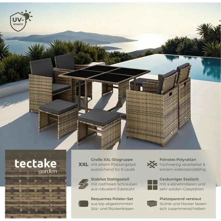 tectake Sitzgruppe Rattan Sitzgruppe, (Set, 9-tlg), für 4 bis 8 Personen