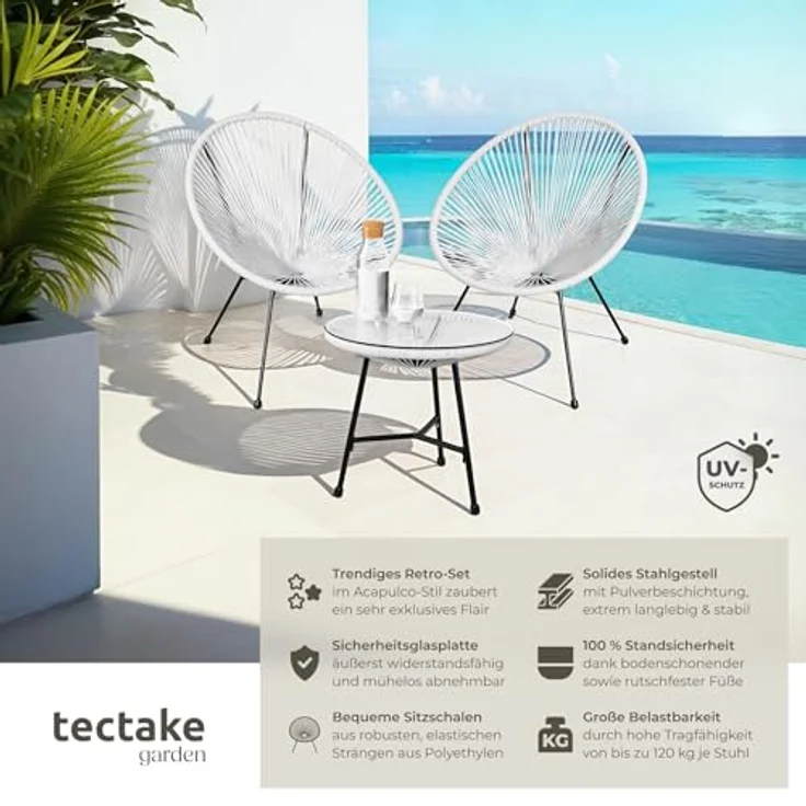 tectake® Set 2X Stuhl 1x Beistelltisch Acapulco, Gartenstuhl, Gartenstühle im Retro Design, Indoor und Outdoor Sessel für Garten, Wintergarten, als Terrassenstühle oder Balkon Sessel - weiß – Bild 3
