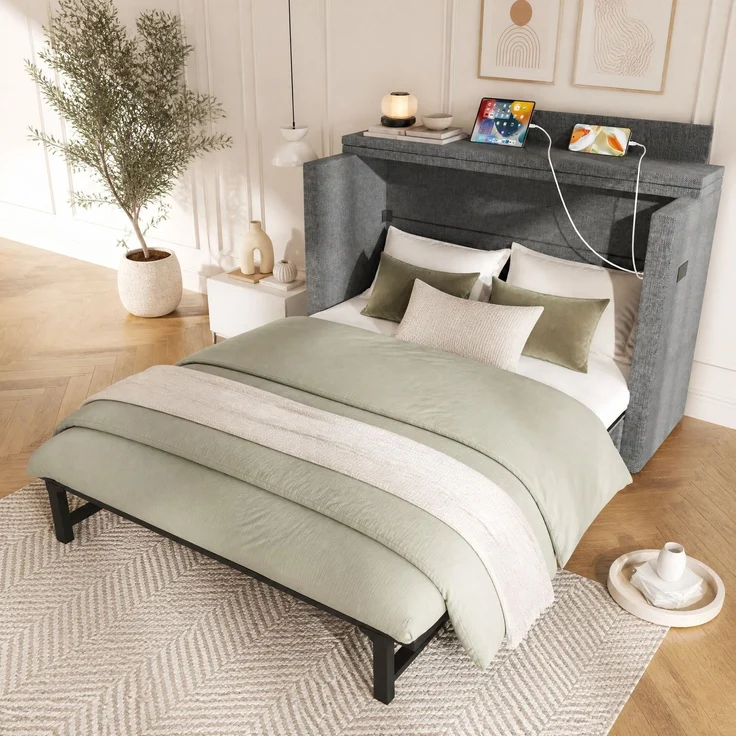 CHICFURN Bett aus Leinen Grau 140x200 cm mit Schublade und USB- und Type-C-Anschlüssen – Bild 1