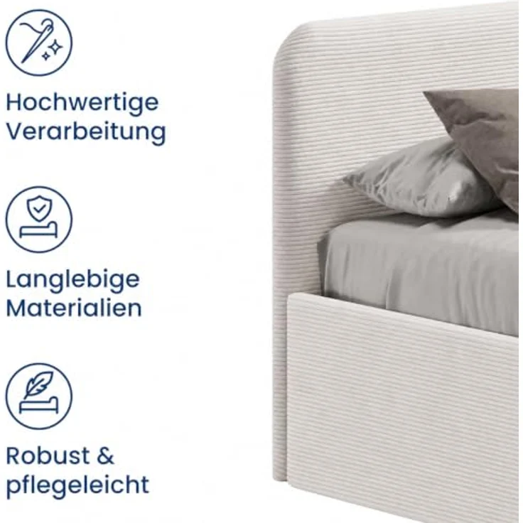 Home Collective Polsterbett mit Stauraum, verstellbarem Lattenrost, 6 Größen wählbar, hochwertiger Kordstoffbezug, Weiß, Federkern- oder Kaltschaummatratze – Bild 7