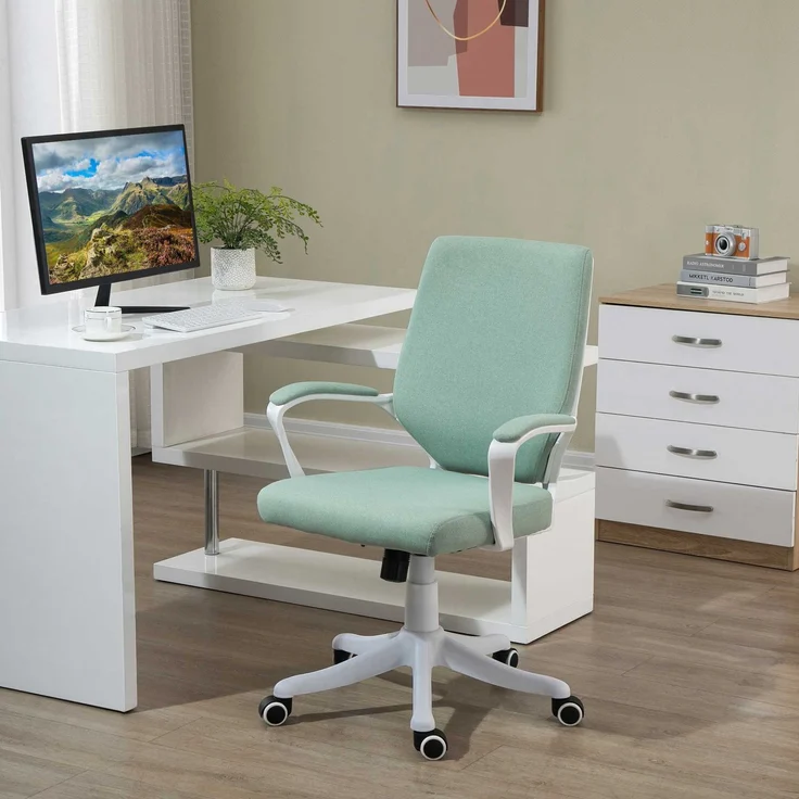 Wohnora-Bürostuhl Ergonomischer Schreibtischstuhl mit Armlehne, Höhenverstellbarer Drehstuhl mit Wippfunktion, Leinenoptik, Gepolstert Computerstuhl, Grün+Weiß,H 1000cm x T 620cm x B 300cm – Bild 3