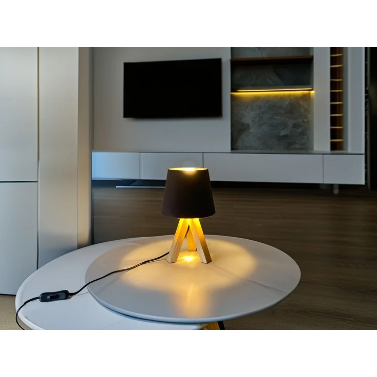 Tischlampe mit Dreibein aus Holz, Samtschirm Braun Gold, Höhe 27cm – Bild 9