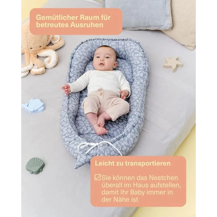 molis&co - Babynest - 100% Baumwolle (OEKO-TEX) - Babynestchen Neugeborene - Ideal als Reisebett, Kuschelnest Geeignet & Cradle Reducer - 90x50 cm - Blue Garden – Bild 3