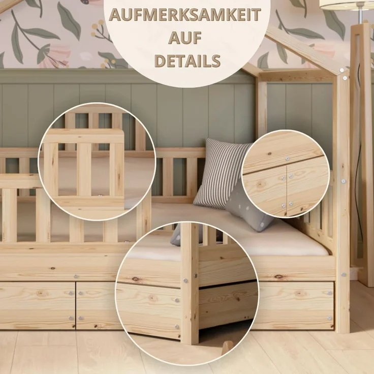 Crazy Pine 'Crazy House' Hausbett mit abnehmbaren Rausfallschutz, Naturholz, Natur, 90x200 cm, mit Schubladen – Bild 9