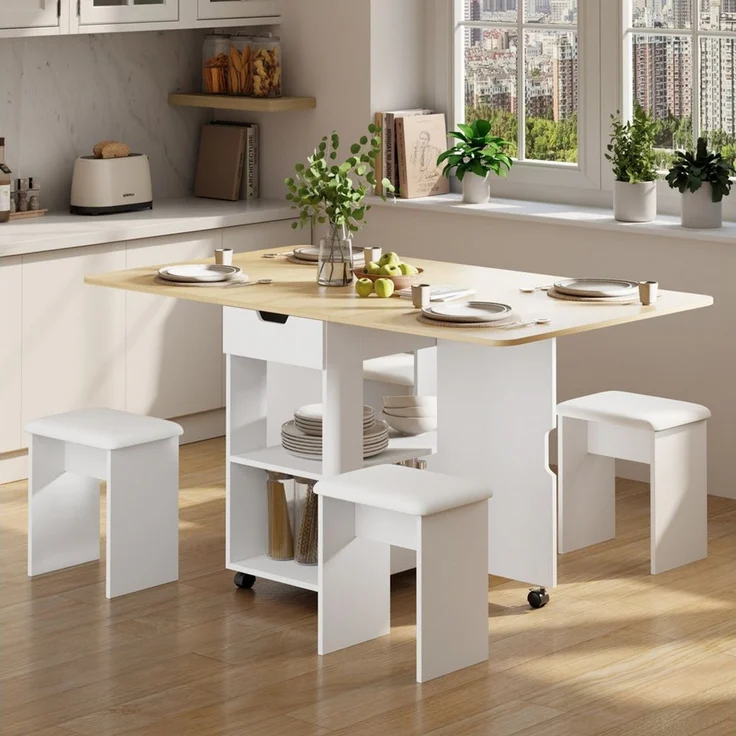 Mondeer Essgruppe Esstisch mit 4 Polsterhocker, Platzsparender Drop-Leaf-Tisch mit 2 Schubladen & Rollen – Bild 2