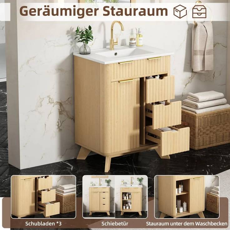 Waschtischkommode 61 x 47 x 90 cm aus MDF mit Keramikwaschbecken, Schiebetür und Wellenstruktur – Bild 6