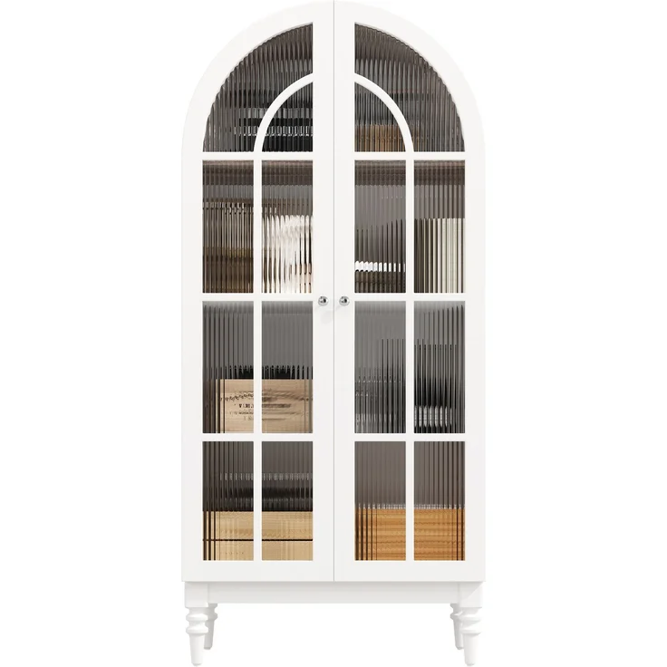 2-set Bogen-Vitrinenschrank 165cm mit Riffelglas-Doppeltüren, 3 Einlegeebenen, 2 Farben (Nussbaum+Weiß)--Weiß--76x38.5x165cm--YOUDENOVA – Bild 9