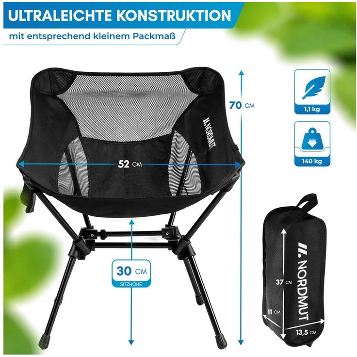 Nordmut Campingstuhl faltbar ultraleicht, klappbar leicht, Camping Outdoor, Angeln (Spar-Set, 1 St), kleines Packmaß, 140 kg belastbar, Aluminium, bequem, Trekking, Strand – Bild 2