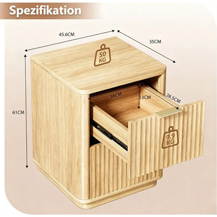 VINGLI Nachttisch 2 Schublade, mit geriffelten Türen, 45,6 x 35 x 61 cm, Eiche/Nussbaum, Nachtschrank, Beistelltisch modern, goldener Griff, abgerundete Kanten – Bild 2