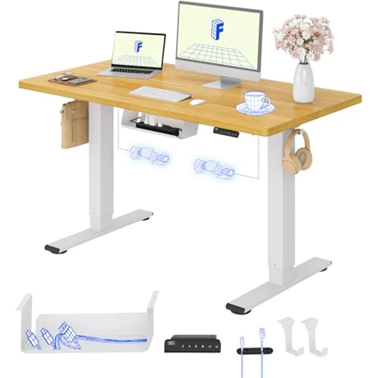 FLEXISPOT Höhenverstellbarer Schreibtisch mit 2 Motoren & 25MM einteiliger Tischplatte,ergonomischer Bürotisch - 120x80 cm Ahorn, weißes Gestell – Bild 2
