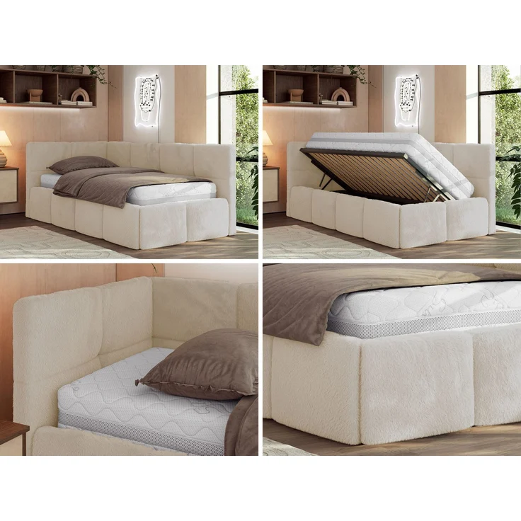 Jugendbett 90x200 ARVO Polsterbett mit Bettkasten, Stauraum & Gasdruckfeder, Modernes Design mit Kopfteil, Pocket Matratze - Creme Plüsch - VIRE LUX - Links Seite – Bild 2