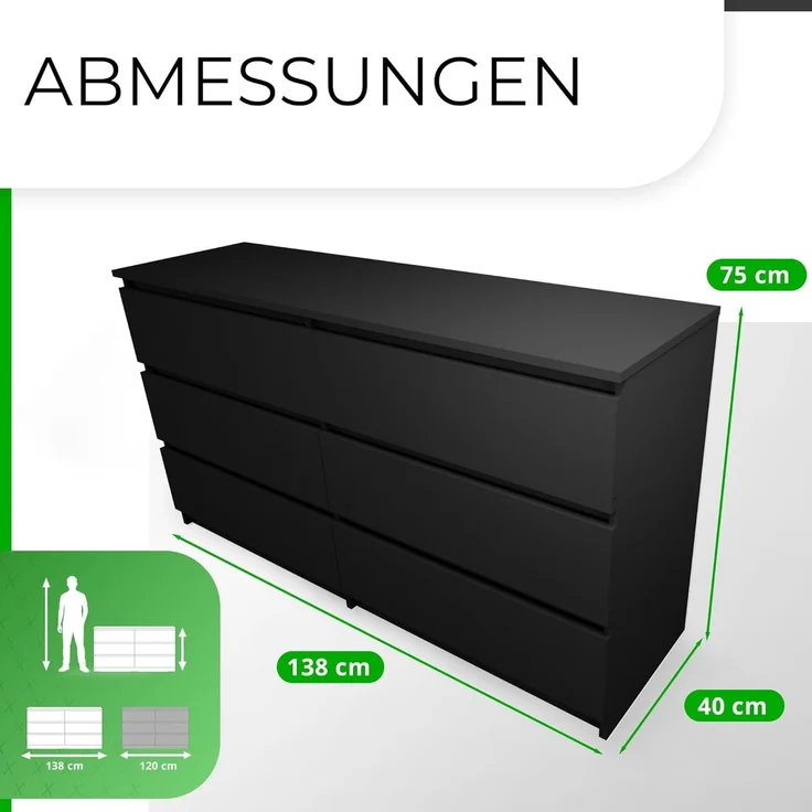 CDF Kommode Schwarz mit 6 Schubladen 40 cm Tief Komodenschrank Komode für Wohnzimmer Schlafzimmer Schubladenschrank Malm Kommode viel Stauraum Geeignet Organizer Kleidung 138 cm Breite Modern Look – Bild 2