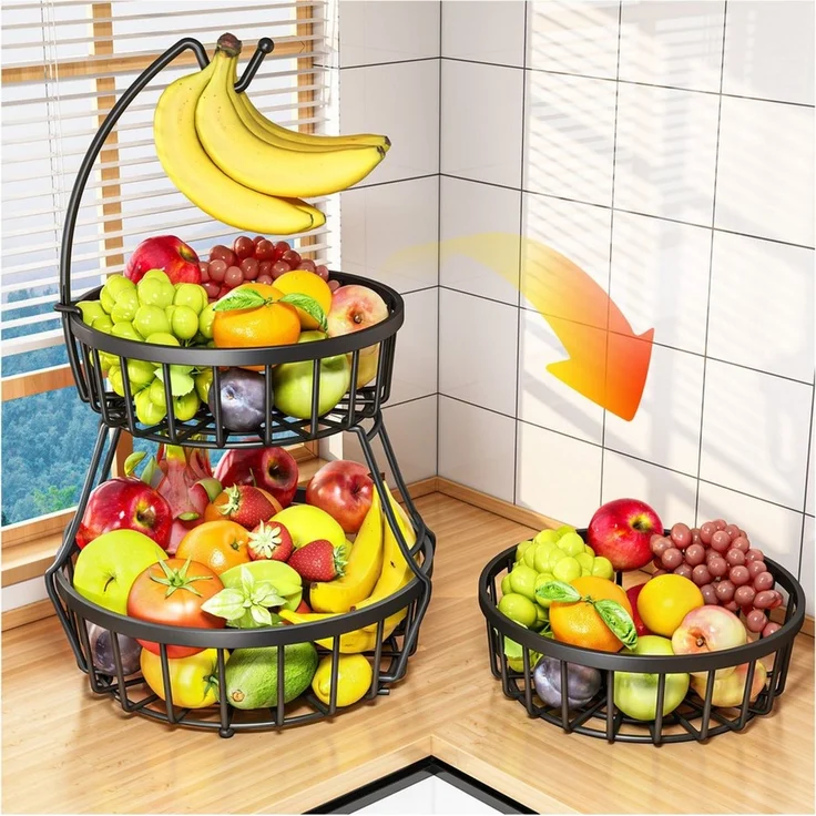 POPOLIC Obstschale 2-stöckiger Obstkorb aus Metall mit Bananenhaken, abnehmbar & belüftet – Bild 2