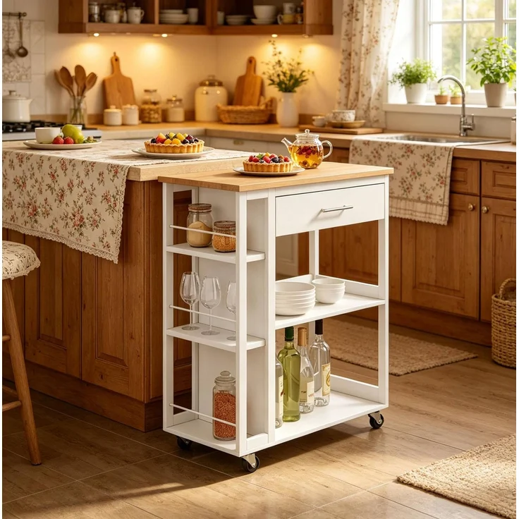 Küchenwagen 73x38x88 cm mit Schublade und offenen Regalen – MDF in Weiß und Holzoptik – Bild 2
