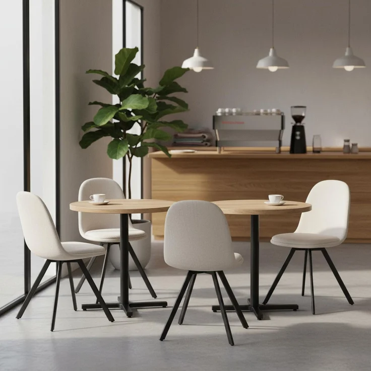 FurnitureR Gastronomie Stuhl Set 4er - Robust, Beige Stoff Kissen, Metallkreuzgestell, Feste Höhe, Nicht stapelbar,Drehstühl, Für Café & Bistro