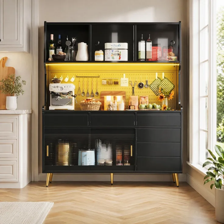 Hochschrank 144,9x39x171 cm mit LED-Beleuchtung, geriffelter Glasfront und Schiebetüren
