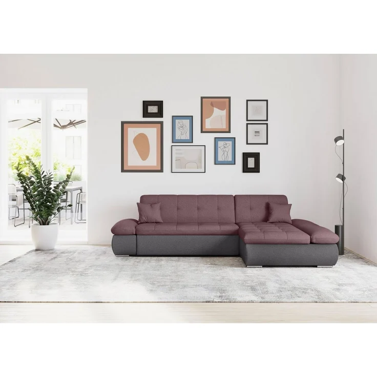 DOMO collection Ecksofa MORIC 300x172 cm, XXL-Sofa mit viel Platz, L-Form, auch in Cord, wahlweise mit Bettfunktion und Armteilverstellung, grau-beere – Bild 1