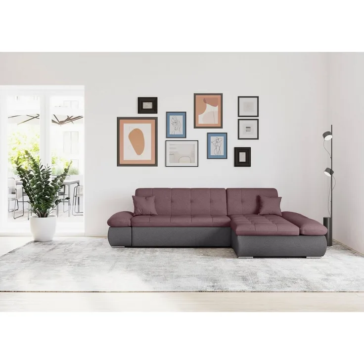 DOMO collection Ecksofa MORIC 300x172 cm, XXL-Sofa mit viel Platz, L-Form, auch in Cord, wahlweise mit Bettfunktion und Armteilverstellung, grau-beere