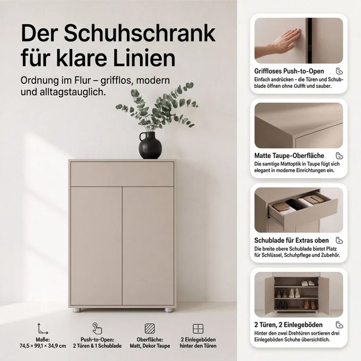 Newroom Schuhschrank Taupe 75 cm grifflos mit Schublade und 2 Türen für Flur und Diele – Bild 3