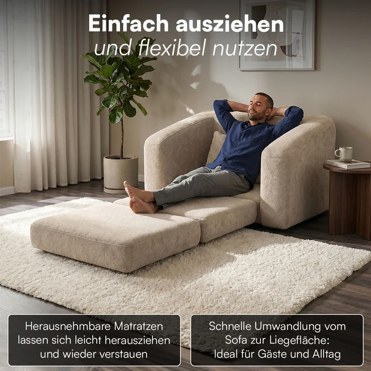 skølm 'Fjäll' Schlafsessel mit 1 Kissen, beige, Teddy-Bouclé Sessel ausklappbar, mit Liegefunktion, vakuumverpackt ohne Aufbau – Bild 6