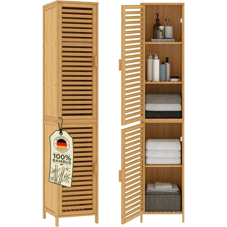 Bellamio 'Newa' Badezimmer Set aus Waschbeckenunterschrank und Badezimmer-Hochschrank mit 5 Ablagen und 2 Türen, Bambus, natur – Bild 1