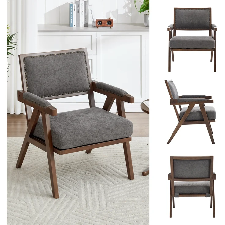 LVHOM Loungesessel mit Armlehne, Polstersessel aus Linen, Massivholzgestell, für Wohnzimmer, Büro, Schlafzimmer, Grau – Bild 4