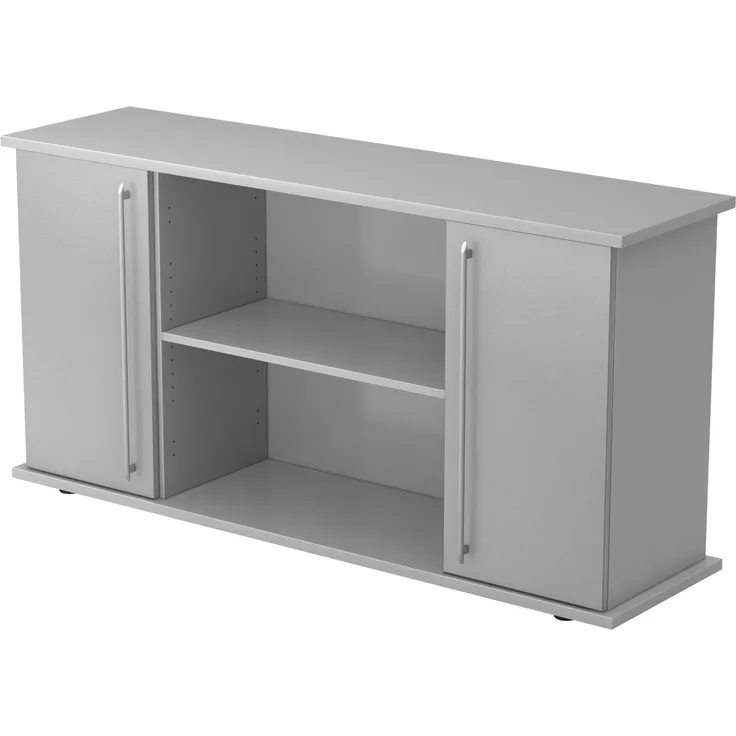 bümö Sideboard Grau/Silber mit Flügeltüren & Regal - Büromöbel Sideboard Holz 166cm breit, 45cm schmal, Büro Schrank für Flur oder als Wohnzimmer-Kommode mit Relinggriffen, SB2T-5-S-RE