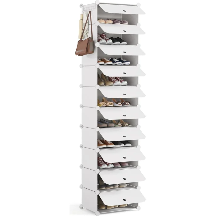 Mondeer Schuhregal, Kunststoff Schuhschrank, Modulares Schuhaufbewahrung mit Tür, Staub- und Wasserabweisend, Platzsparendes, 10 Fächer für Foyer, Schlafzimmer, Wohnzimmer, für 20 Paar Schuhe, Weiß