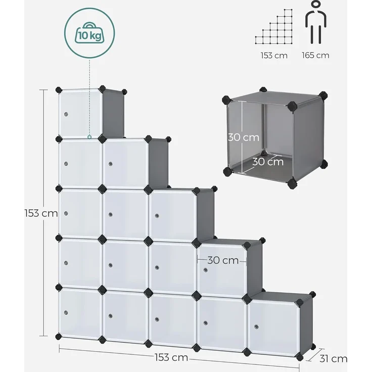 Songmics Regalsystem, Schuhregal, Set aus 16 Würfeln, Kleiderschrank aus Kunststoff, mit Türen, Steckregal, Aufbewahrung von Kleidung, Schuhen und Büchern, einfache Montage, grau LPC443G01 – Bild 3