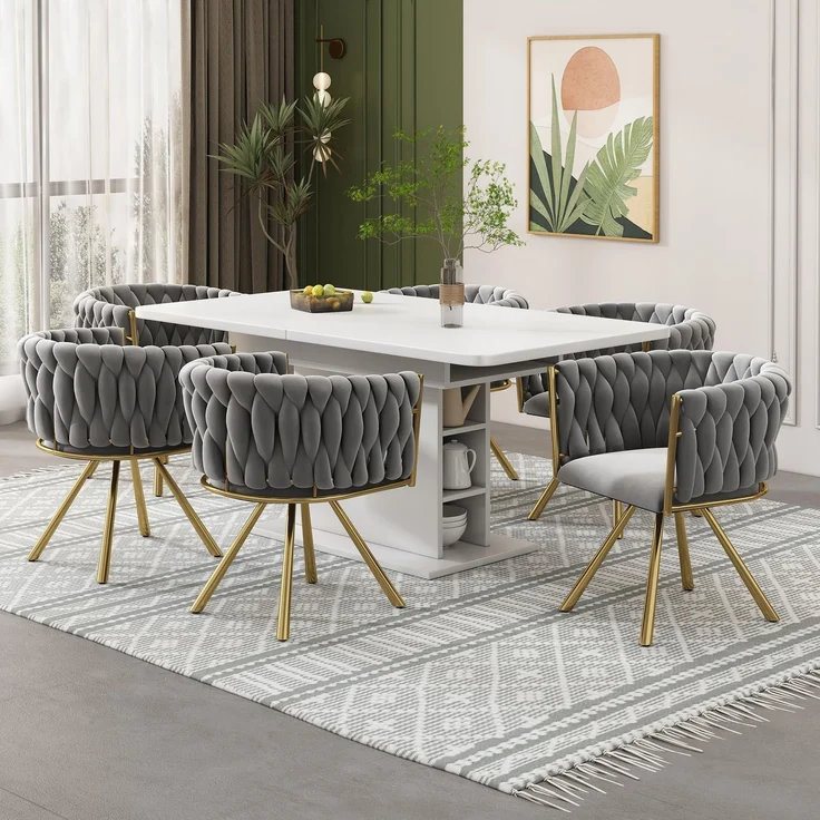 FAVSH Drehstühle Esszimmer 4er Set, Moderne Armlehnstühle aus Samt mit Metallgestell, 360° drehbare Küchenstühle mit bequemer Polsterung, Stühle für Wohnzimmer Schlafzimmer Esszimmer, Grau und Gold