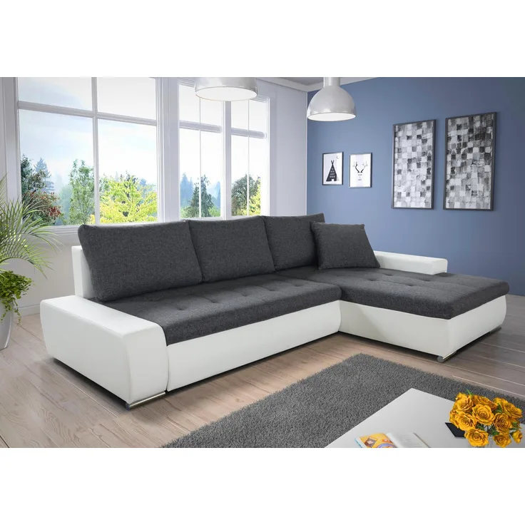 Ecksofa mit Schlaffunktion Faris - Couch mit Bettkasten, Big Sofa, Sofagarnitur, Couchgarniitur, Polsterecke (Weiß + Dunkelgrau (Madryt 120 + Inari 94), Ecksofa Rechts)