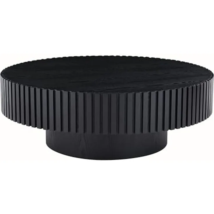 NJLyuhome Black Round Coffee Table with Grooved Edge, Solid Wood Detail, Modern Side Table for Living Room