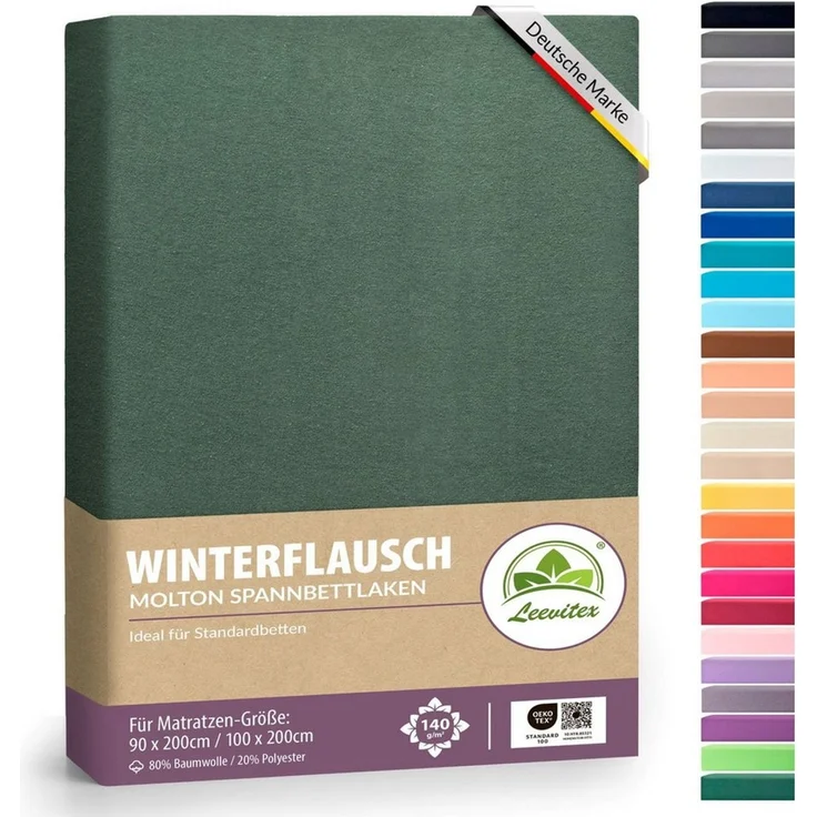 leevitex® Spannbettlaken für kalte Nächte – angenehm weich, passgenau, farbstark & pflegeleicht, Molton, Gummizug: rundum, (1 Stück), verschiedene Größen und Farben, 80% Baumwolle 20% Polyester, 25cm Steg – Bild 1