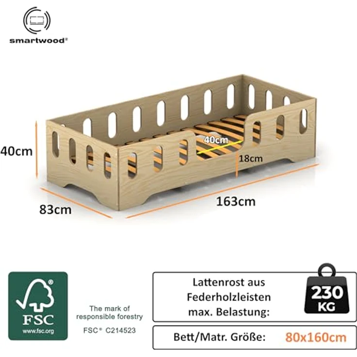 smartwood TILA 2 Kinderbett 80x160 mit Rausfallschutz und Lattenrost - Bodenbett Kinder Naturholz - Montessori Bett mit glatten Kanten - Betten für schnelle Montage - Bis zu 95 kg – Bild 3