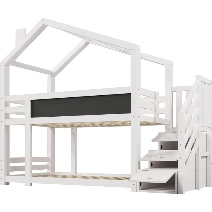 Kinder-Etagenbett "Baumhaus" 97x256x223 cm, Weiß, mit Tafel & Staufachtreppe – Bild 9