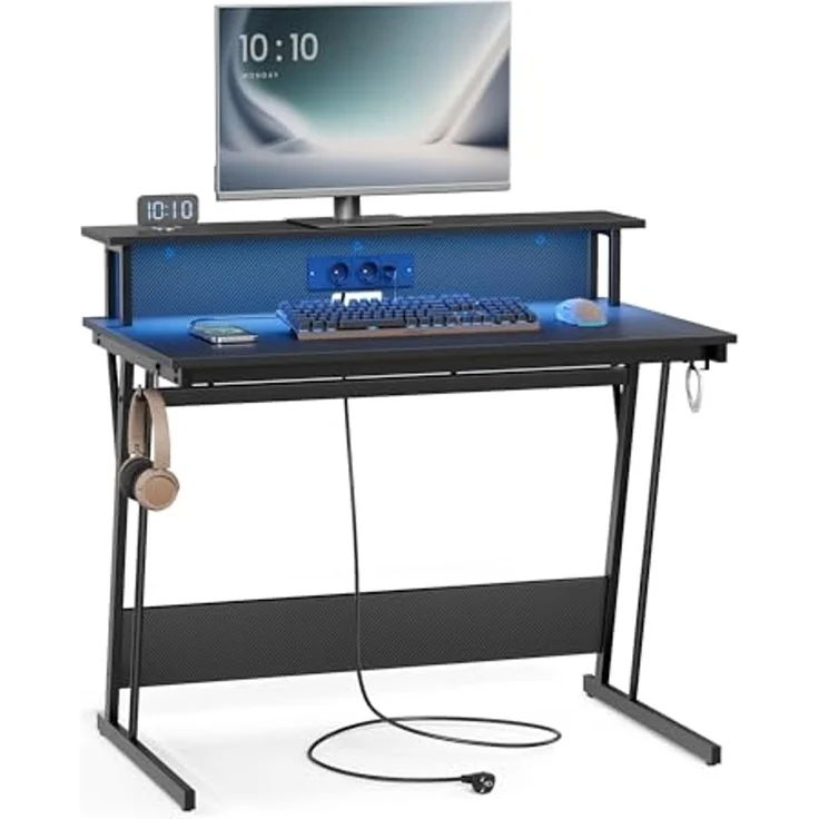 Vasagle Schreibtisch, Gaming Tisch mit eingebauter Steckdosenleiste, Computertisch, mit Monitorständer für 2 Monitore, Schlafzimmer, 60 x 100 x 76 cm, rußschwarz LWDDE191B02 – Bild 1