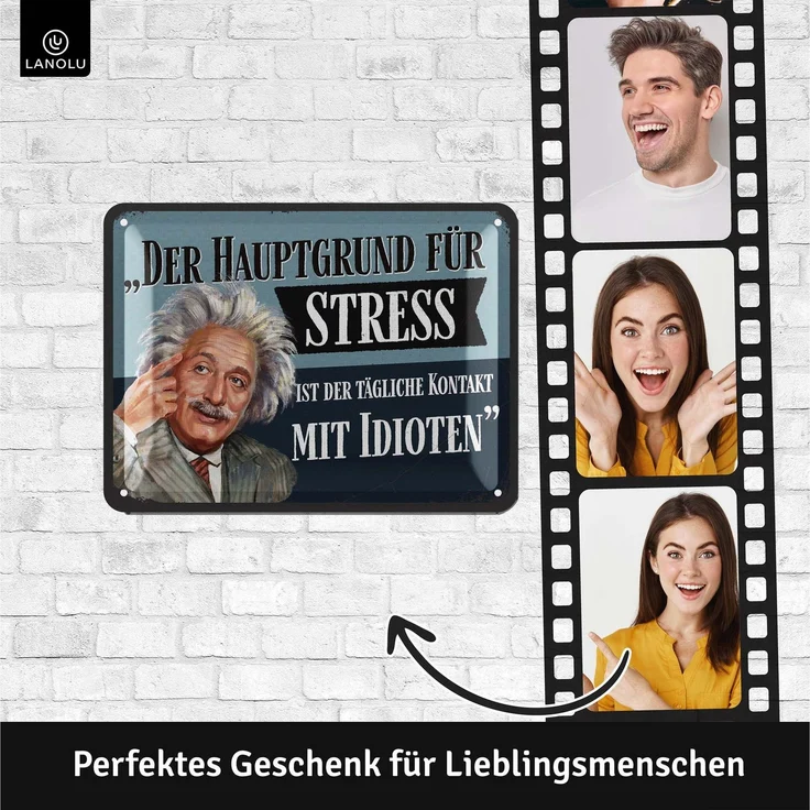 LANOLU Blechschild Einstein Hauptgrund für Stress - 15x20cm – Metall – Mehrfarbig – 15204 – Bild 3