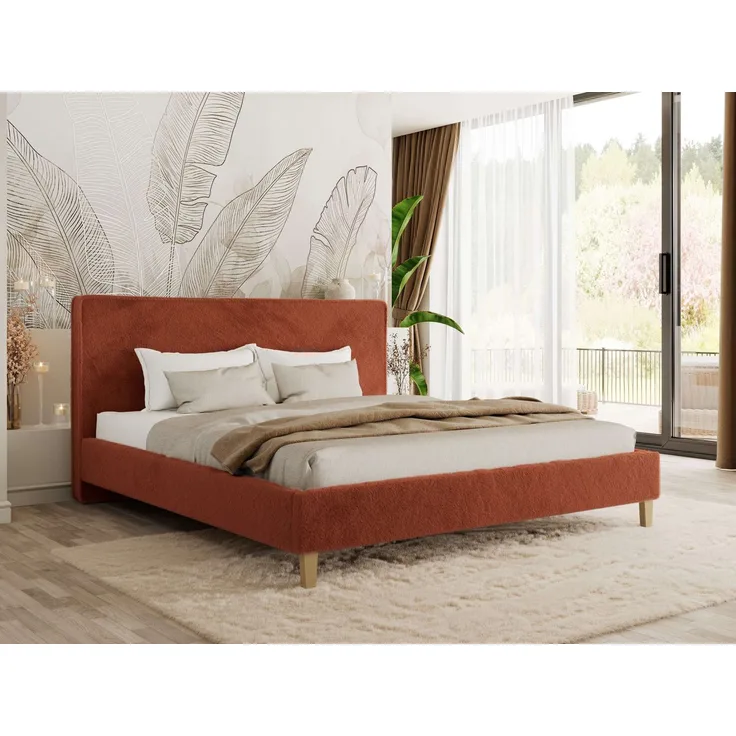 Design Polsterbett LUMARO CLASSIC 160x200 cm mit Lattenrost & 12cm hohen Füßen, Doppelbett mit Kopfteil, Konfigurierbar, Multipocket Matratze - Orange Plüsch - ELORI LUX