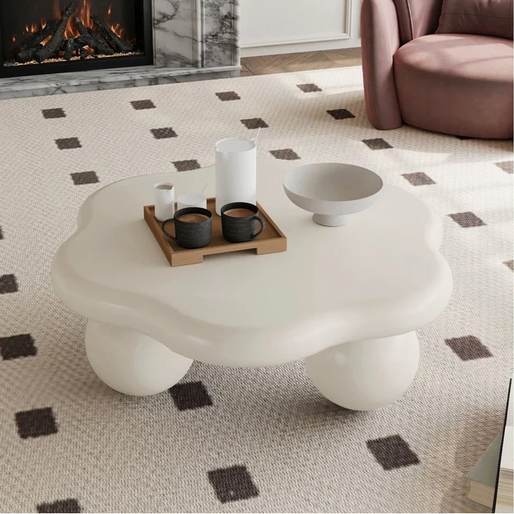 OKWISH Couchtisch Blütenblatt-Design, modern-minimalistisch für kleine Wohnungen (Packung, 1-St, 79x31x79 cm Kaffee-Tisch in Creme-Weiß, Wolkenform mit Kugelbeinen), Kinder- & haustierfreundlich, platzsparend im Wohnzimmer – Bild 4