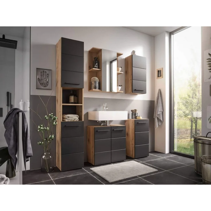 moebel-dich-auf Badezimmer-Set VALENCIA, (Hochschrank, Waschbeckenunterschrank, Spiegelschrank, Hängeschrank, Kommode, MDF-Fronten tiefgezogen, Korpus melaminbeschichtet) – Bild 1