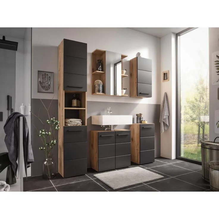 moebel-dich-auf Badezimmer-Set VALENCIA, (Hochschrank, Waschbeckenunterschrank, Spiegelschrank, Hängeschrank, Kommode, MDF-Fronten tiefgezogen, Korpus melaminbeschichtet)
