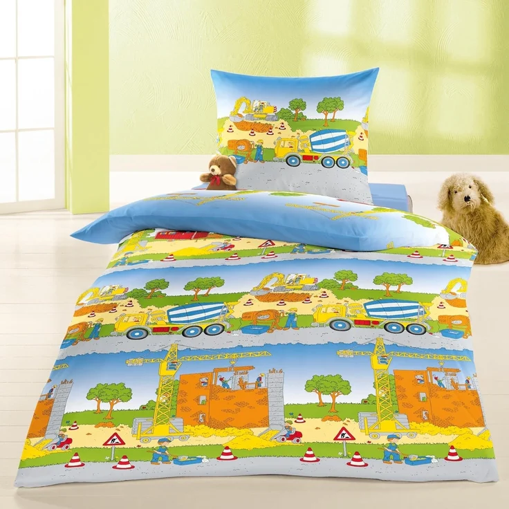 BIERBAUM Kinderbettwäsche Bierbaum Kinder Renforce Bettwäsche 2 tlg. 135x200 cm Baustelle Bagger, Renforcé, 2 teilig, mit spannendem Baustellen-Motiv, Reißverschluss, Kinder-Bettwäsche – Bild 2