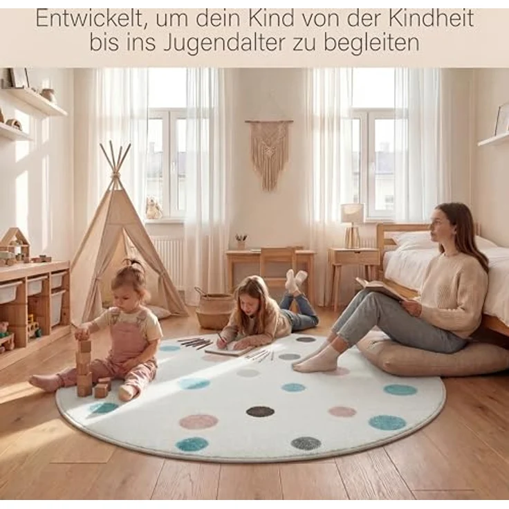 Jimri Kinderteppich DOTS l Pünktchen Gepunktet l Farbe: Beige Blau Rosa | Kinderzimmer/Jugendzimmer (Weiß, Ø 150 cm Rund) – Bild 8