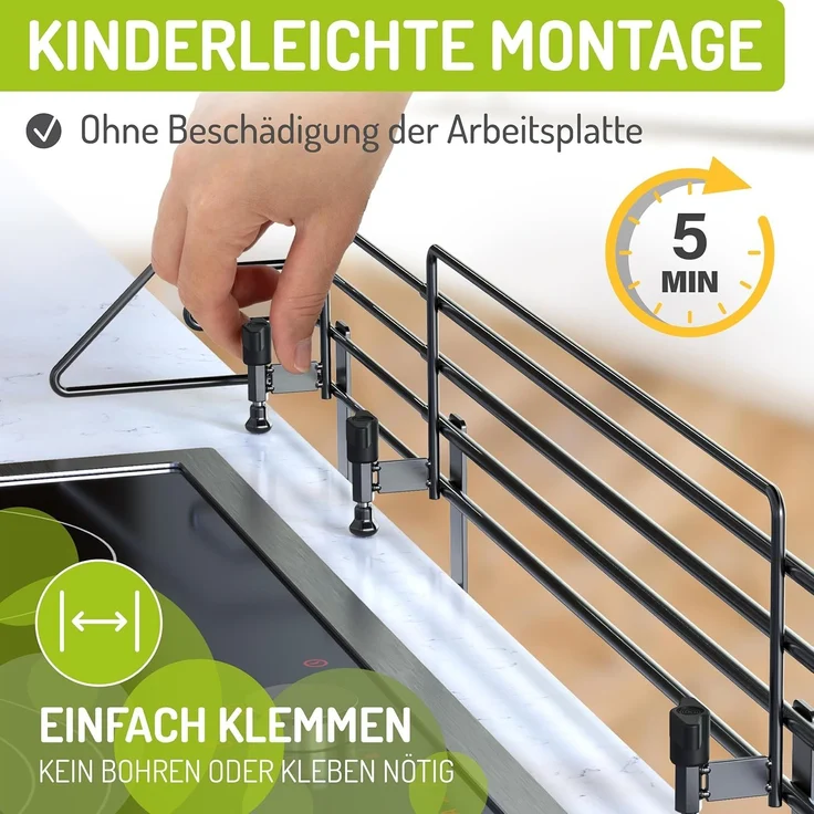 BOMI Herdschutzgitter Herdsicherung Mowi 64-110 cm zum Klemmen, Herd Gitter Schutz Ohne Bohren - Spülmaschinenfest - Rostfrei – Bild 4