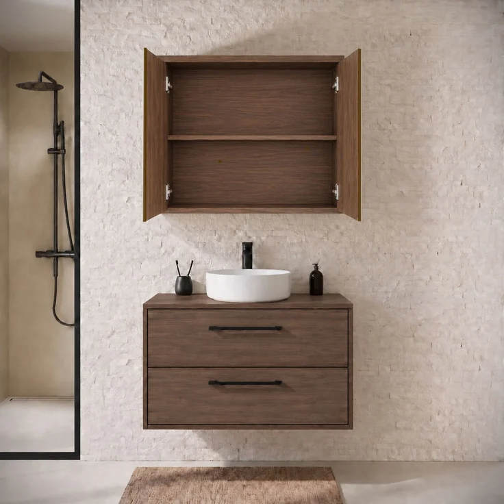 Badplaats Waschtischunterschrank Florence 80 x 46 cm - Walnuss Braun - mit Spiegelschrank – Bild 4